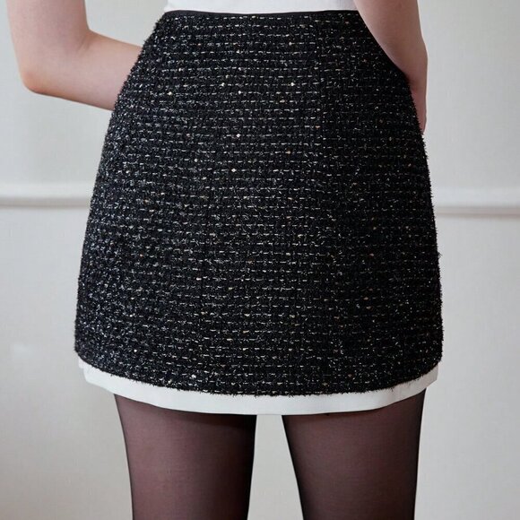 Black Elegant Women's Contrast Binding Flap Detail Skirt - Picture 7 of 8